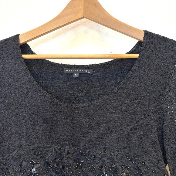 Bette Paige Y2K Beaded Bell Sleeve Babydoll Crochet Sweater Black Medium - Picture 3 of 10